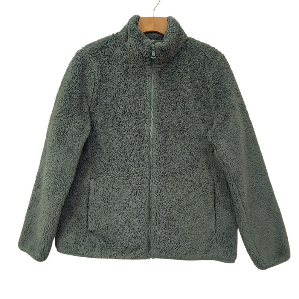 Uniqlo Womens Large Green Fluffy Fleece Sherpa Jacket Full ZipMock Neck Cozy